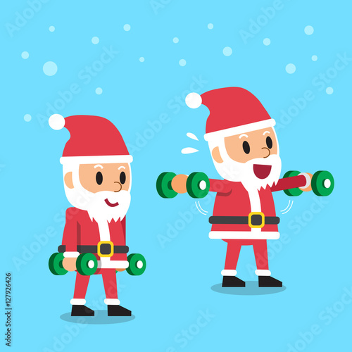 Cartoon santa claus doing dumbbell lateral raise exercise step training