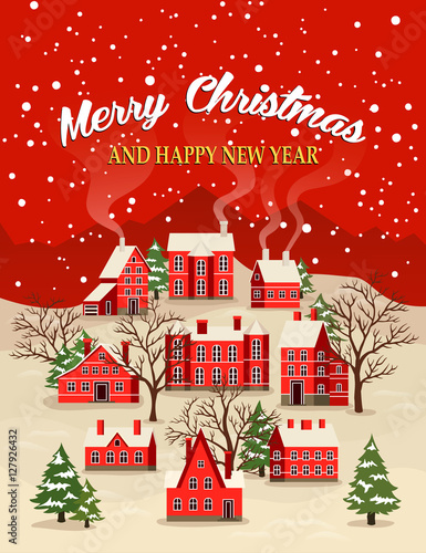 Marry Christmas and Happy New Year greeting card vector illustration. Houses in snowfall, rural winter landscape at holiday. Xmas poster with red brick christmas houses, snow covered little village