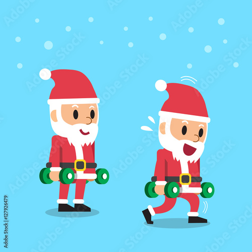 Cartoon santa claus doing dumbbell lunge exercise step training