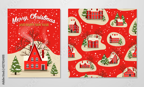 Marry Christmas and Happy New Year greeting set vector illustration. Xmas card with red brick christmas house, snow covered landscape. Christmas seamless pattern with fairy tale houses, snowy village.
