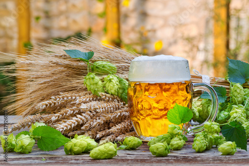 still life with beer glass and hop cones