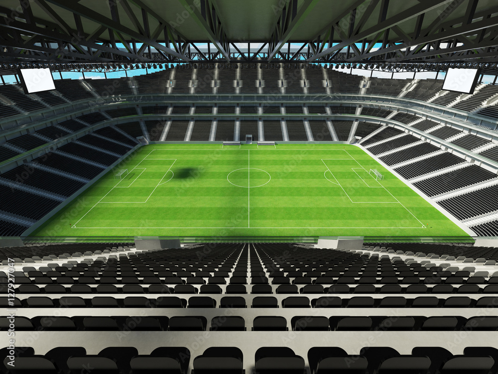 3D render of a large capacity soccer-football Stadium with an open roof and black chairs