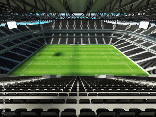 3D render of a large capacity soccer-football Stadium with an open roof and black chairs