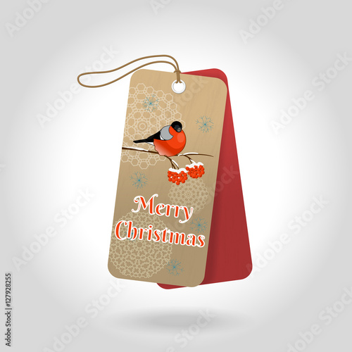 Vector cute Merry Christmas gift tags with bullfinch sitting on a Rowan branch and decoration snowflakes