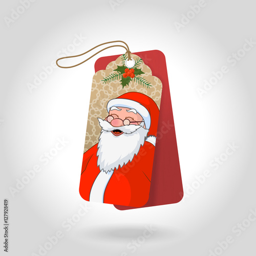 Vector cute christmas gift tags with funny squinted Santa Claus and with decoration snowflakes, christmas holly berry