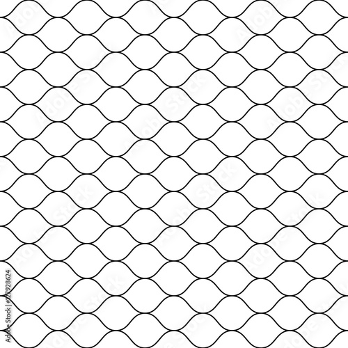 Vector seamless pattern, black thin wavy lines on white backdrop. Illustration of mesh, fishnet, fish scales. Subtle monochrome background, simple repeat texture. Design for prints, decoration, web