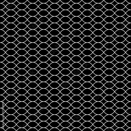 Vector seamless pattern, white thin wavy lines on black backdrop. Illustration of mesh, fishnet, lattice. Subtle monochrome background, simple repeat texture. Design for prints, decoration, digital