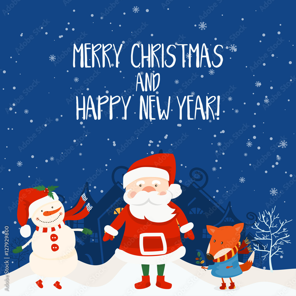 Cartoon illustration for holiday theme with Santa Claus,fox and Cartoon illustration for holiday theme with Santa Claus,fox and