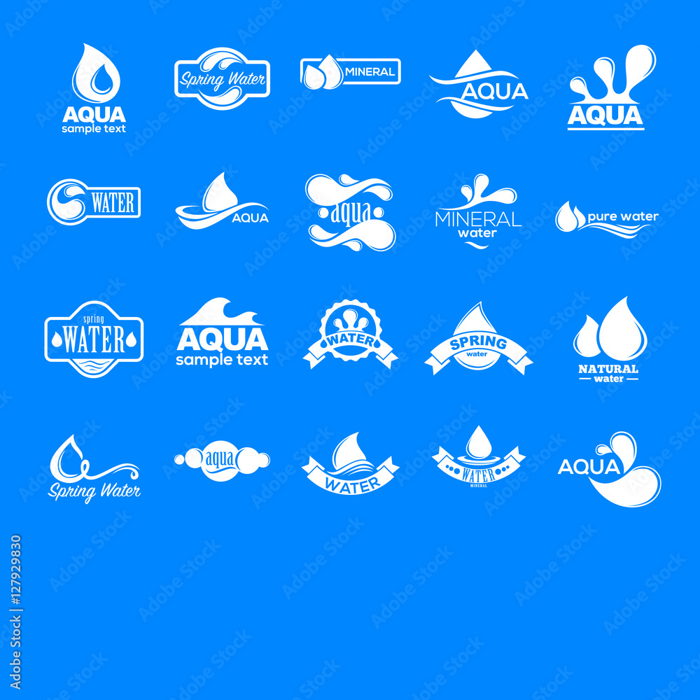 Blue logos set. Label for mineral water. Aqua icons collection.