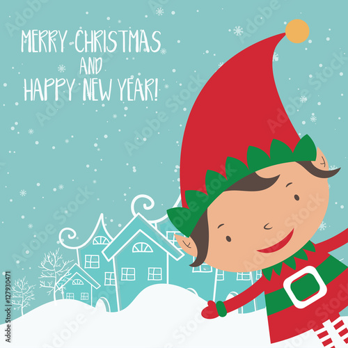 Cartoon illustration for holiday theme with elf  on winter backg