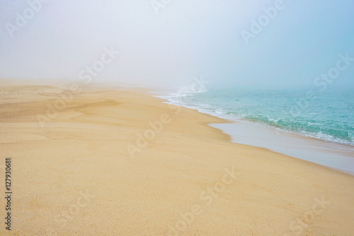 Sandy beach coast in fog, sea wave foam ocean romantic mist