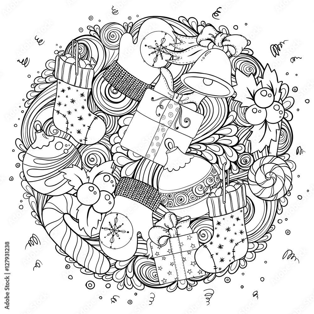 Merry christmas set of xmas monochrome pattern and text templates. Ideal for holiday greeting cards, print, coloring book page or wrapping paper. Merry christmas set of xmas monochrome pattern and text templates. Ideal for holiday greeting cards, print, coloring book page or wrapping paper.