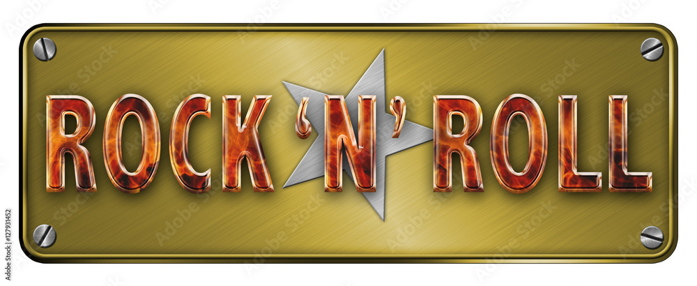 Fototapeta premium Yellow Fire style 3D Chrome/metallic 'ROCK N ROLL' text on a ban