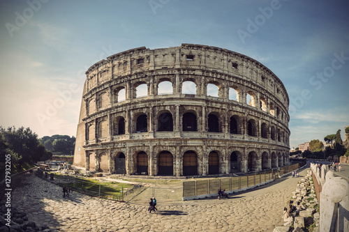 Wide angle view of Colosseum in Rome, Italy, Europe, Vintage filtered style