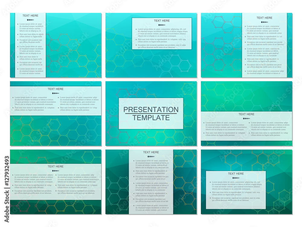 Set of modern business presentation templates in A4 size. Connection structure. Abstract background with molecule DNA and neurons. Medicine, science, technology concept. Vector illustration.