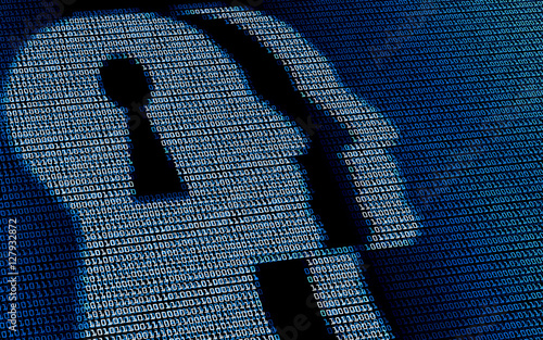 Human head with lock hole in digital background. Concept of artificial intelligence, machine learning, or ethics of AI