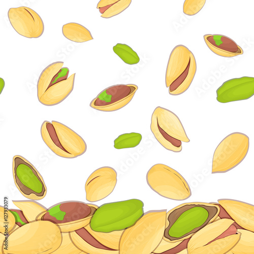 Vector illustration of falling pistachios nuts. Background of a pistachio nut. Pattern of a walnut fruit in the shell, whole, shelled, leaves appetizing looking for packaging design of healthy food