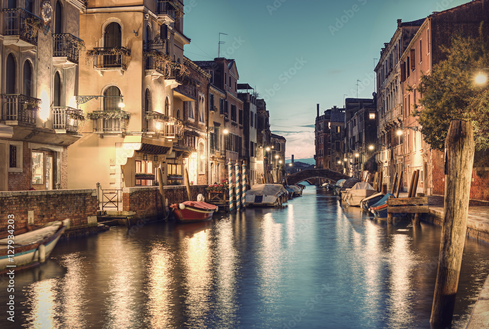Typical small Venetian Canal Rio de San Vio at evening, Venice (Venezia), Italy, Europe, Vintage filtered style