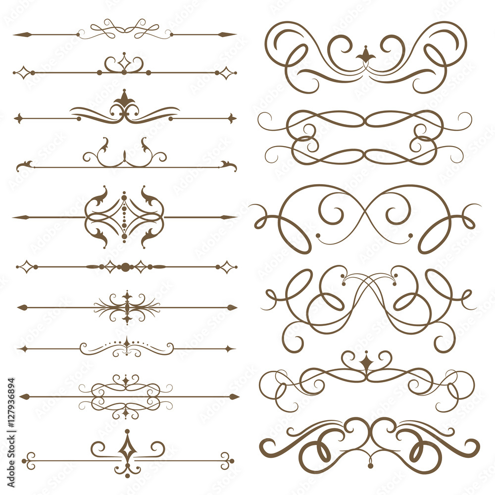 Antique decorative elements, and scroll elements, set page dividers. Vector illustration