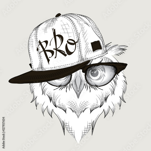 The poster with the image owl portrait in hip-hop hat. Vector illustration.