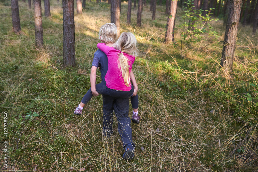 Young child boy (brother) giving his sister piggyback outdoors in the forest. Children summer activities. Young child boy (brother) giving his sister piggyback outdoors in the forest. Children summer activities.
