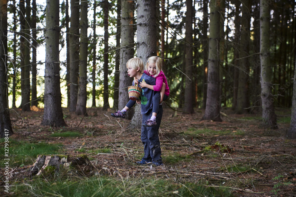 Young child boy (brother) giving his sister piggyback outdoors in the forest. Children summer activities.