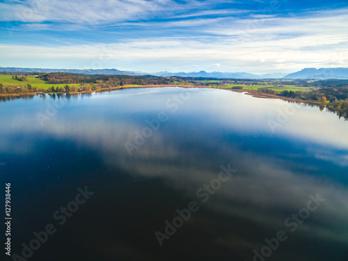 Aerial: Lake "Waginger See", Upper Bavaria, in autumn