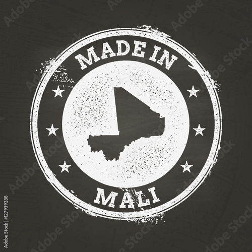 White chalk texture stamp of the Republic of Mali map on a black schoolboard, illustrating the country's outline in a grunge style.