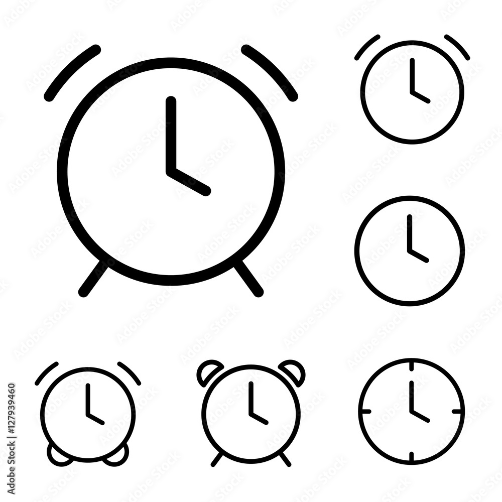 thin line clock, alarm icons on white background thin line clock, alarm icons on white background