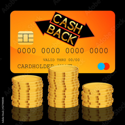 Credit card with cashback tag and gold coins on black background