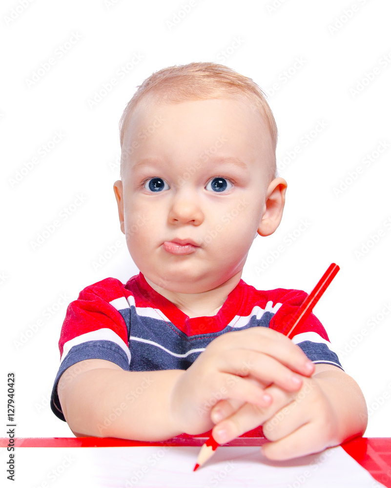 little boy 1 year draws red pencil, smiling to his mother. White background. family happiness little boy 1 year draws red pencil, smiling to his mother. White background. family happiness