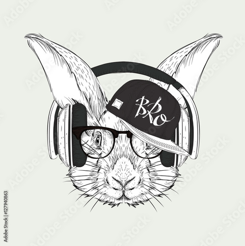 Portrait of rabbit in hip-hop hat. Vector illustration.