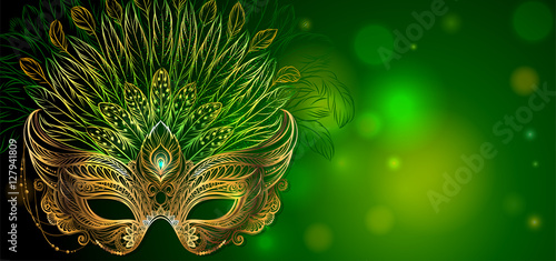 Vector Illustration. Golden carnival mask with feathers. Beautiful concept design for greeting card, party invitation, banner or flyer.