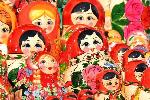 Russian souvenirs. Russian wooden nesting dolls matryoshkas are displayed at a souvenirs market in Saint Petersburg