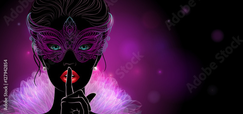 Vector Illustration. A silhouette of mysterious lady in carnival mask, she put a finger on lips in a hush gesture. Beautiful concept design for greeting card, party invitation, banner or flyer.