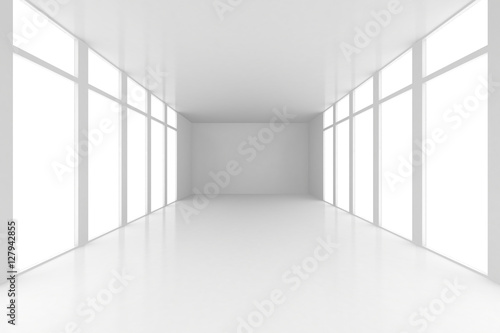 Interior with white wall into which falls the light from window ceiling. Background illustration 3d rendering. © mirexon