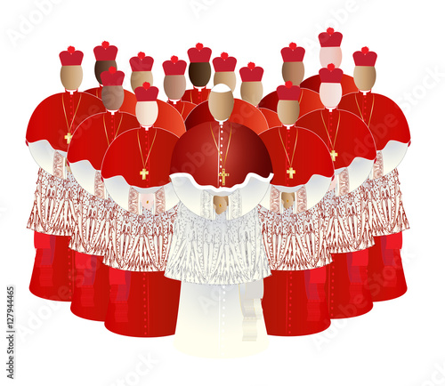 Pope with cardinals in choir dress, conclave or Roman curia color illustration