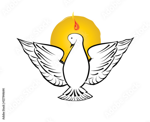 Holy Spirit symbol - a white dove, with halo of light rays and seven rays of fire symbolizing sevenfold gifts of the Holy Spirit.