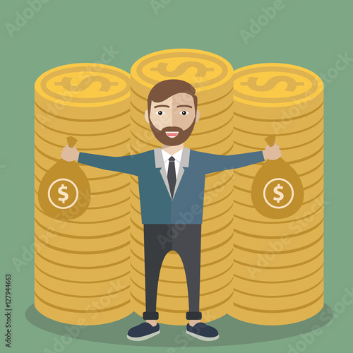 Businessman hands holding money bag. vector illustration in flat design on green background