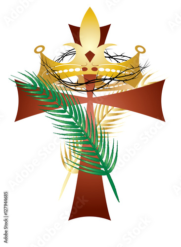 Jesus Christ the King of Universe- religious illustration with a cross, crown, and palm branches