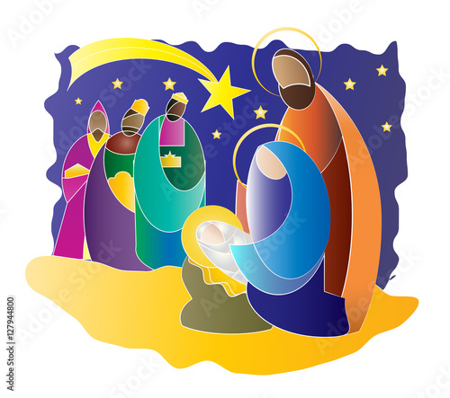 Christmas nativity religious Bethlehem crib scene, with Holy family of Mary, Joseph and baby Jesus and three wise men. holiday background, illustration.