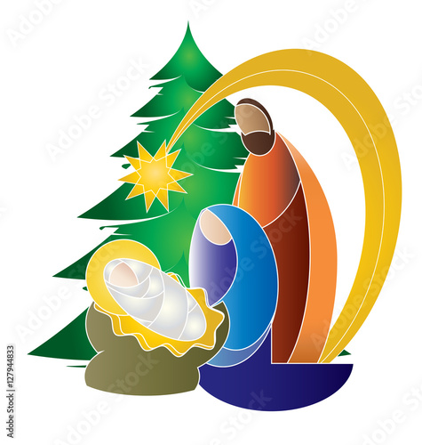 Christmas nativity religious Bethlehem crib scene, with Holy family of Mary, Joseph and baby Jesus and Christmas tree. holiday background, illustration.