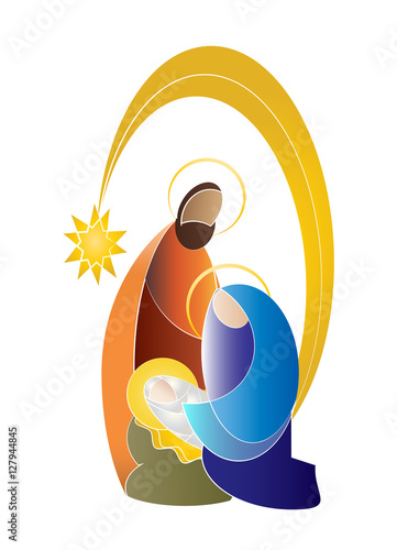 Christmas nativity simple color vector illustration - Holy family Mary Joseph and baby Jesus