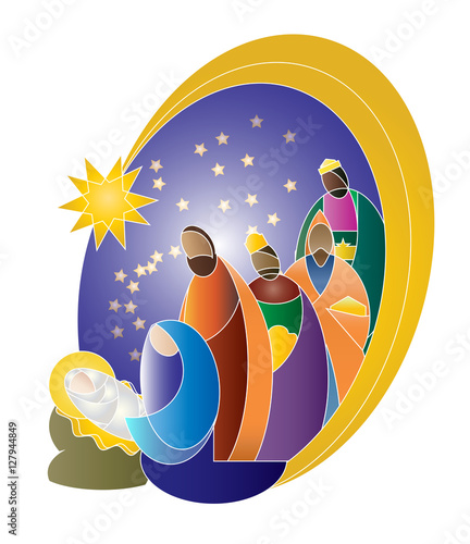 Christmas nativity religious Bethlehem crib scene, with Holy family of Mary, Joseph and baby Jesus and three wise men. holiday background, illustration.