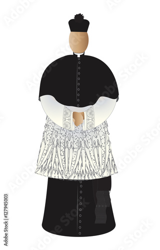 Catholic priest in traditional choir dress, with surplice, mozetta and biretta hat