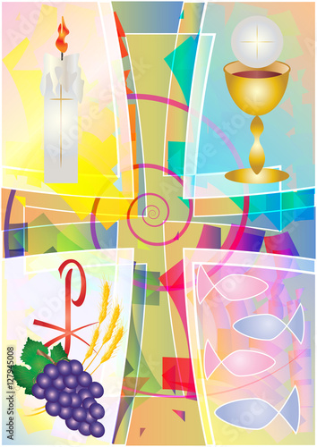 First Communion Eucharist symbol of bread and wine, chalice and host, with grapes and wheat , cross, fish and candle. Colorful modern abstract vector illustration