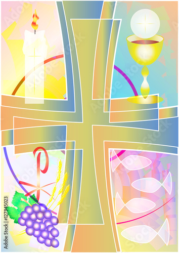 First Communion Eucharist symbol of bread and wine, chalice and host, with grapes and wheat , cross, fish and candle. Colorful modern abstract vector illustration