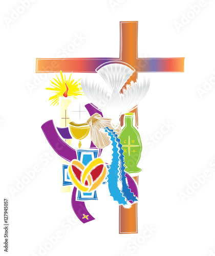 Symbols of the seven sacraments of the Catholic Church. Abstract artistic modern color vector religious illustration.