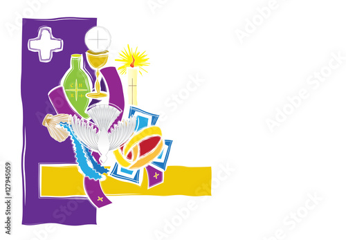 Symbols of the seven sacraments of the Catholic Church. Abstract artistic modern color vector religious illustration.