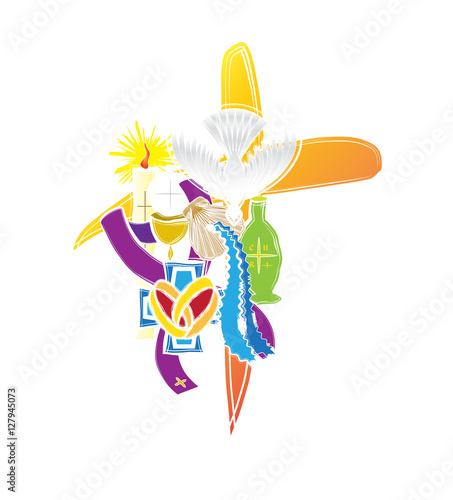 Symbols of the seven sacraments of the Catholic Church. Abstract artistic modern color vector religious illustration.